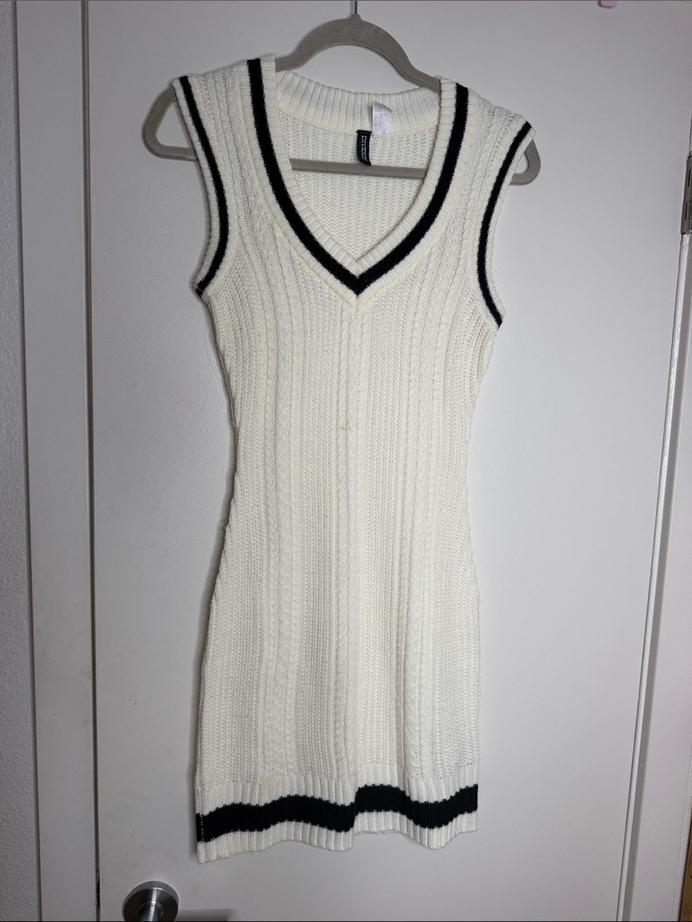 Divided Cream Sleeveless V-Neck Knit Dress with Black Trim